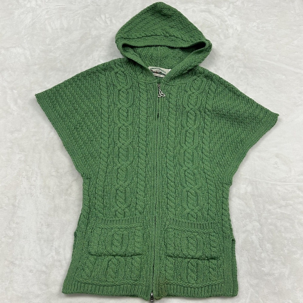 Aran crafts Hooded Vest Womens L Green Cable Knit Wool Zip Up Irish Cardigan